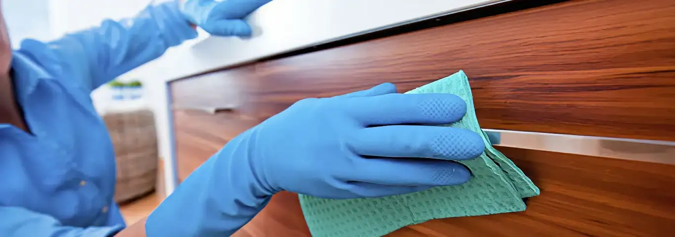 Cleaner wearing blue gloves wiping a wooden cabinet drawer with a microfiber cloth for dust and grime removal, Denver, CO.