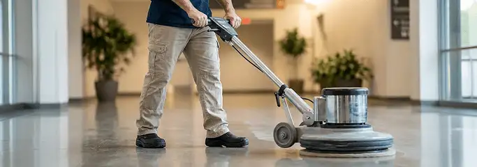 Professional technician using an industrial floor buffer to polish and maintain shiny commercial flooring in a corporate hallway in Denver, CO.