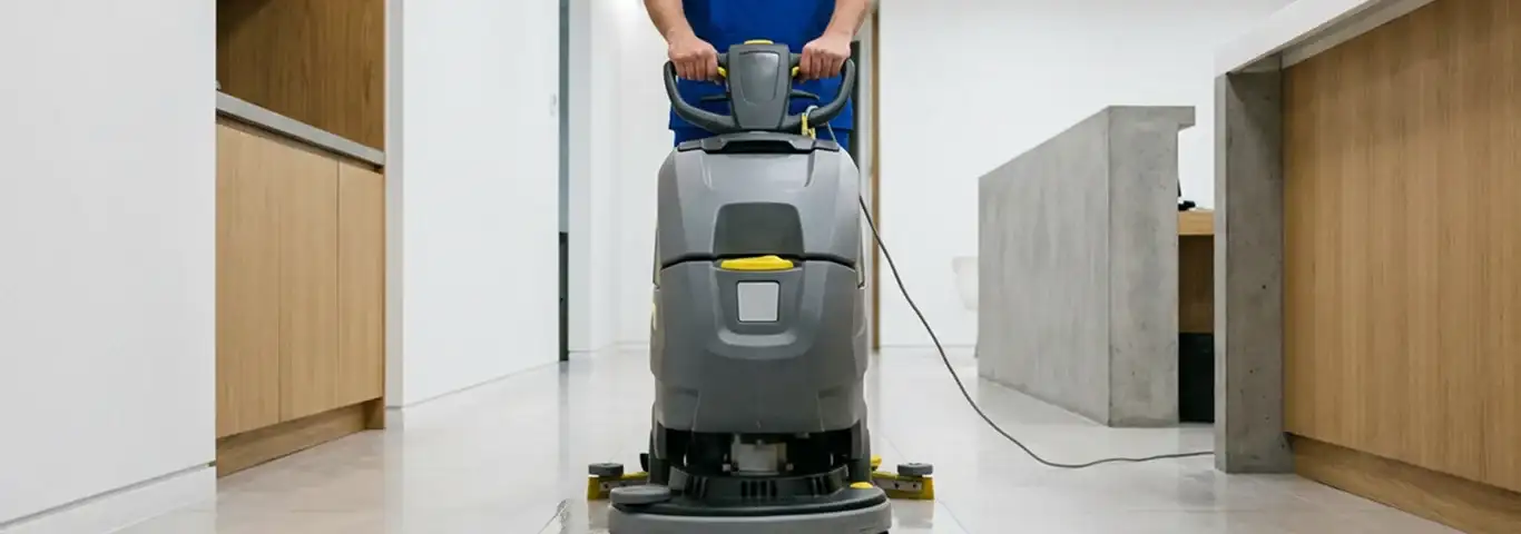 Janitorial staff using a floor scrubber machine to clean a commercial hallway, Denver, CO.