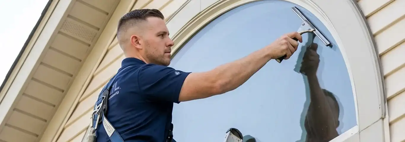 Professional window cleaner using a squeegee to clean an exterior arched window on a home, Denver, CO.