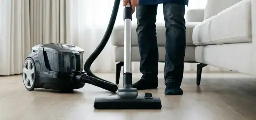 Professional house cleaner vacuuming a living room floor with a canister vacuum cleaner, Denver, CO.