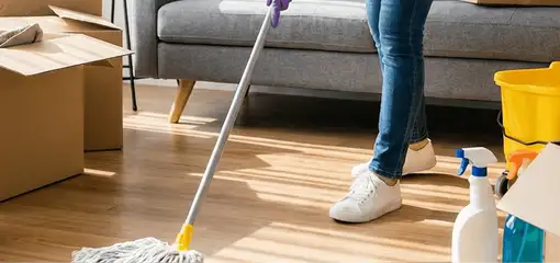Move-out cleaning setup with a cleaner mopping hardwood floors near moving boxes and cleaning supplies, Denver, CO.