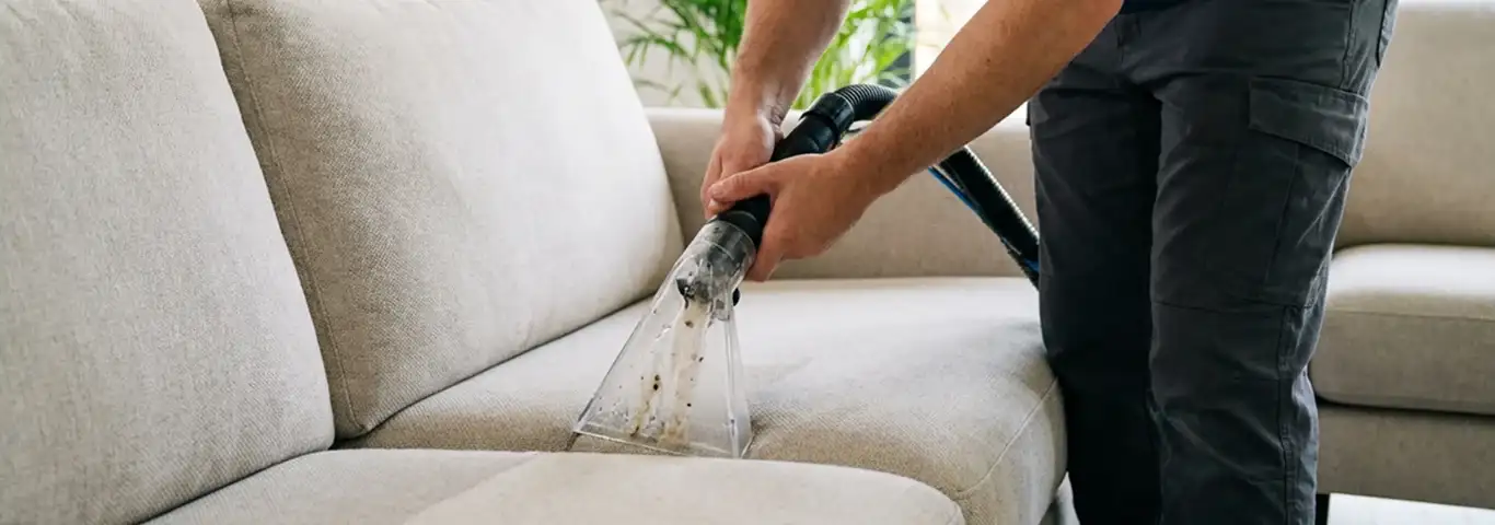 Technician extracting dirt and moisture from a fabric sofa with an upholstery cleaning wand, Denver, CO.