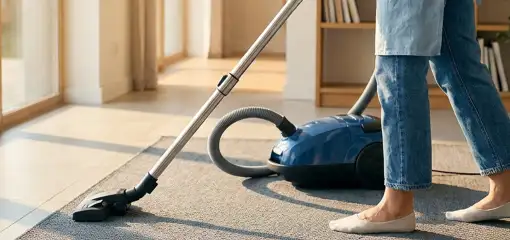 Person vacuuming a living room rug with a canister vacuum cleaner near large windows, Denver, CO.